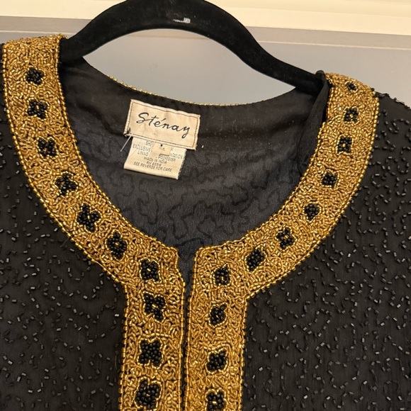 Vintage Stenay 100% Silk Black Gold Beaded Long Sleeve Blouse Evening Elegant LG - Picture 4 of 13